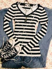 Attitoon Women's Casual (Spring/Autumn) Striped Plus Size V-Neck T-Shirt - Black and White - View 1
