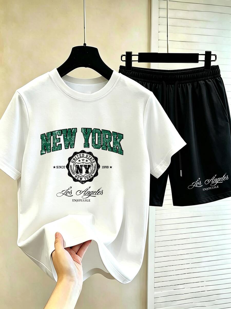 Chillumni Men's Letter Print Short Sleeve T-Shirt And Shorts Casual Daily Outfit - Multicolor - View 1