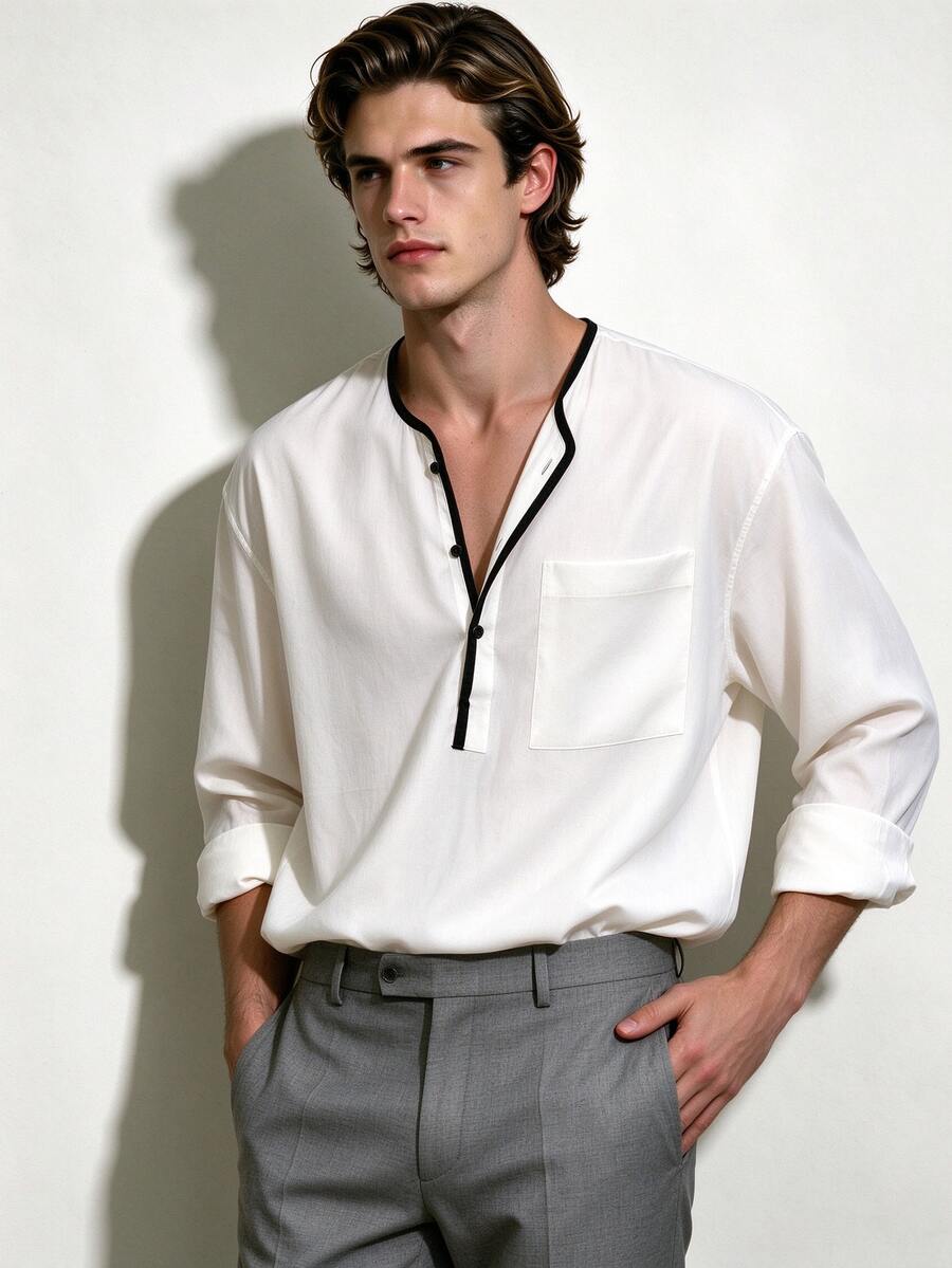 TONEVAULT Men's Colorblock Casual Versatile Long Sleeve Polo Shirt - White - View 1