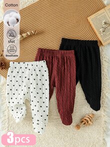 SHEIN 3件組新生女嬰秋冬新款褲裝套裝，黑色、酒紅、白色心形圖案可選，柔軟舒適面料，可愛休閒風，適合0-9個月寶寶日常穿著或戶外活動 - 彩色 - 查看 2