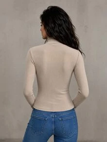 LUMIGAL Women's Autumn/Winter Khaki Fashion Versatile Casual Napoleon Style Long Sleeve T-Shirt - Khaki - View 4