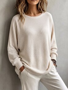 Autumn/Winter New Fashion Casual Basic Round Neck Apricot Textured Pineapple Grid Fabric Batwing Sleeve Plus Size T-Shirt - Apricot - View 5
