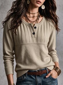 SHEIN 優雅米色羅紋針織長袖上衣，復古半扣亨利領，通勤外套內搭毛衣 - 卡其色 - 查看 4