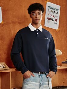 SWAVVY 男士字母印花半開襟鈕扣 Polo 衫 - 藏蓝色 - 查看 3