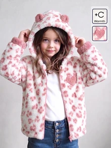 SHEIN Genkimix Kids 女童秋冬休閒時尚豹紋毛絨拉鍊連帽開襟外套 - 白色 - 查看 1