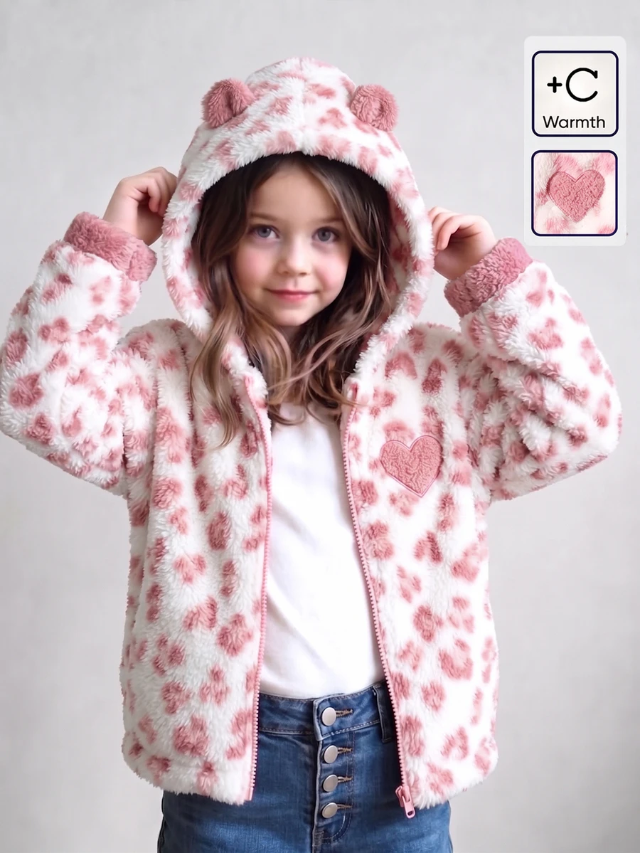 SHEIN Genkimix Kids 女童秋冬休閒時尚豹紋毛絨拉鍊連帽開襟外套 - 白色 - 查看 1