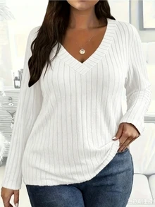 SHEIN LUNE 新款女式時尚休閒百搭羅紋針織紋理長袖落肩 T-shirt 秋季 - 白色 - 查看 3