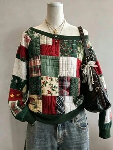 Collagica Collagica 條紋數位印花時尚極簡女款大領口長袖運動衫，送友禮物 - 彩色 - 查看 4
