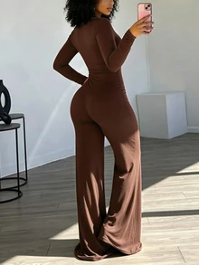 INAWLY Solva Solid Color Hollow Out Wide Leg Long Sleeve Jumpsuit - Coffee Brown - View 3