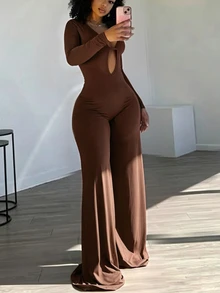 INAWLY Solva Solid Color Hollow Out Wide Leg Long Sleeve Jumpsuit - Coffee Brown - View 4