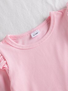 SHEIN Vintaside Kids 2件組幼女上衣牛仔吊帶褲套裝，可愛甜美粉藍愛心印花蝴蝶結羅紋長袖圓領常規款，秋季派對公主舒適服飾 - 粉色 - 查看 3