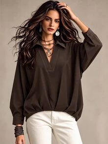 Wandoria Women's Solid Color V-Neck Loose Fit Blouse With Pleated Hem, Dropped Shoulder Long Sleeves, Coffee Brown, French Elegant Sophisticated Style, Suitable For Commute, Casual, Vacation, Formal Office, Afternoon Tea, Party, Street Style, Muslim Middle Eastern Women, Spring Autumn New Arrival, Autumn Winter - Coffee Brown - View 4