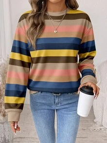 SHEIN LUNE 女款條紋拼色休閒日常長袖衛衣 - 白色 - 查看 1