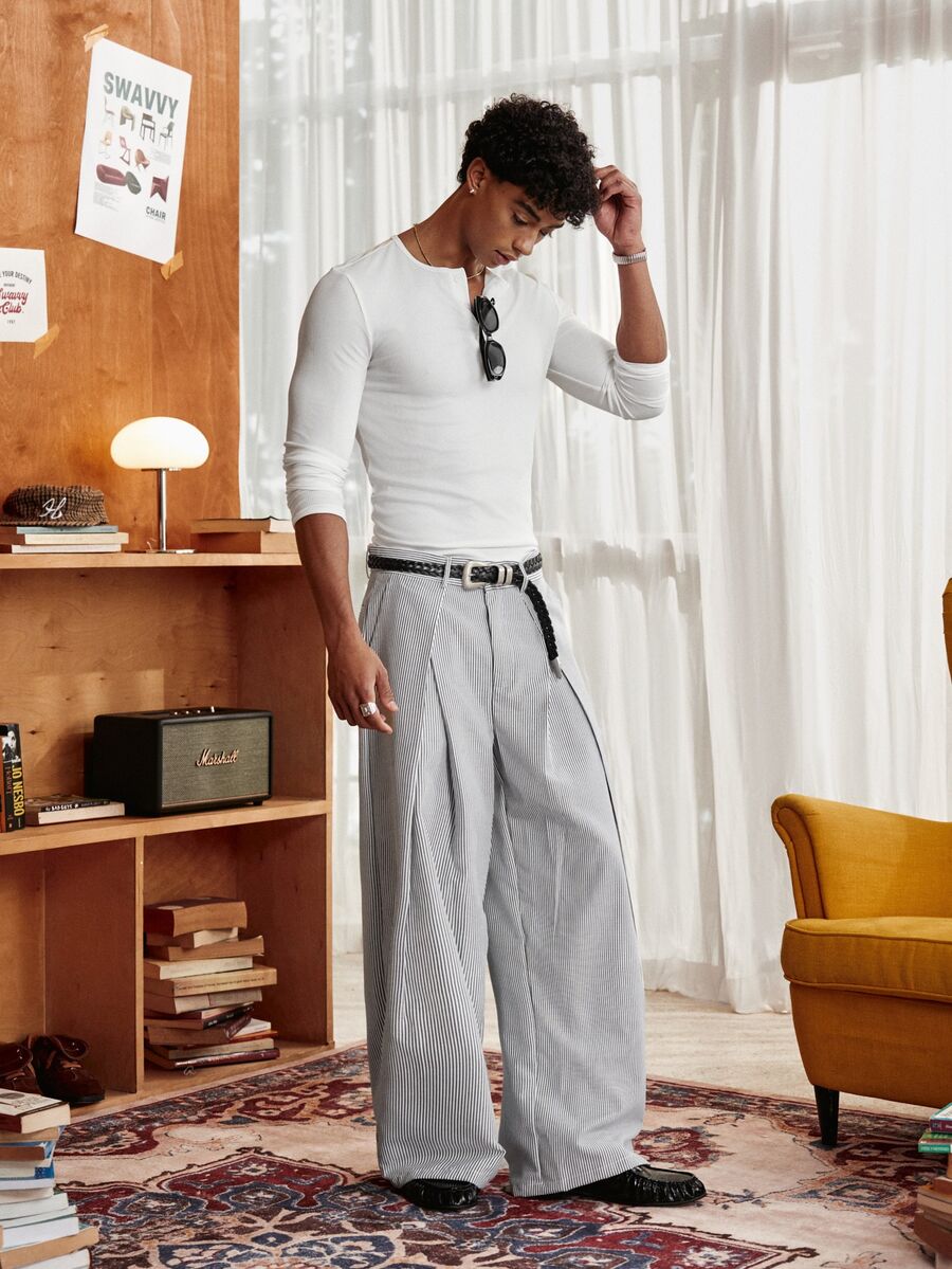 SWAVVY Men's Casual Button Striped Pleated Pocket Loose Pants - Black and White - View 1