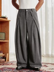 SWAVVY Men's Button Pleated Pocket Loose Pants - Dark Grey - View 1