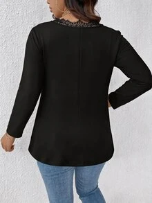 EMERY ROSE CURVE Plus Size Women's Vintage Fashion Versatile Knot V-Neck Contrast Lace Loose Long Sleeve T-Shirt, Suitable For Autumn/Winter - Black - View 2
