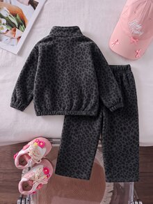 Girls' Khaki Brown Leopard Print Thermal Lined 2 Pieces Set, Half-Zip Stand Collar Top + Wide Leg Pants, Thick Thermal Lined, Stamp - Multicolor - View 2