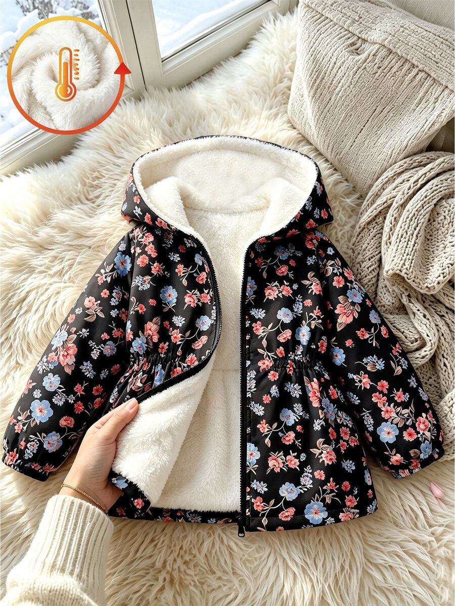 女童可愛印花保暖內裡加厚拉鍊開襟外套,秋冬款,杏色花卉配粉色毛絨飾邊,簡約甜美風格,適合上學、外出與玩耍 - 黑色 - 查看 1