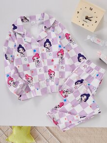 SHEIN 女童甜美可愛優雅休閒日常舒適粉色格紋娃娃卡通印花開襟長袖上衣與長褲2件套家居服 - 紫色 - 查看 1