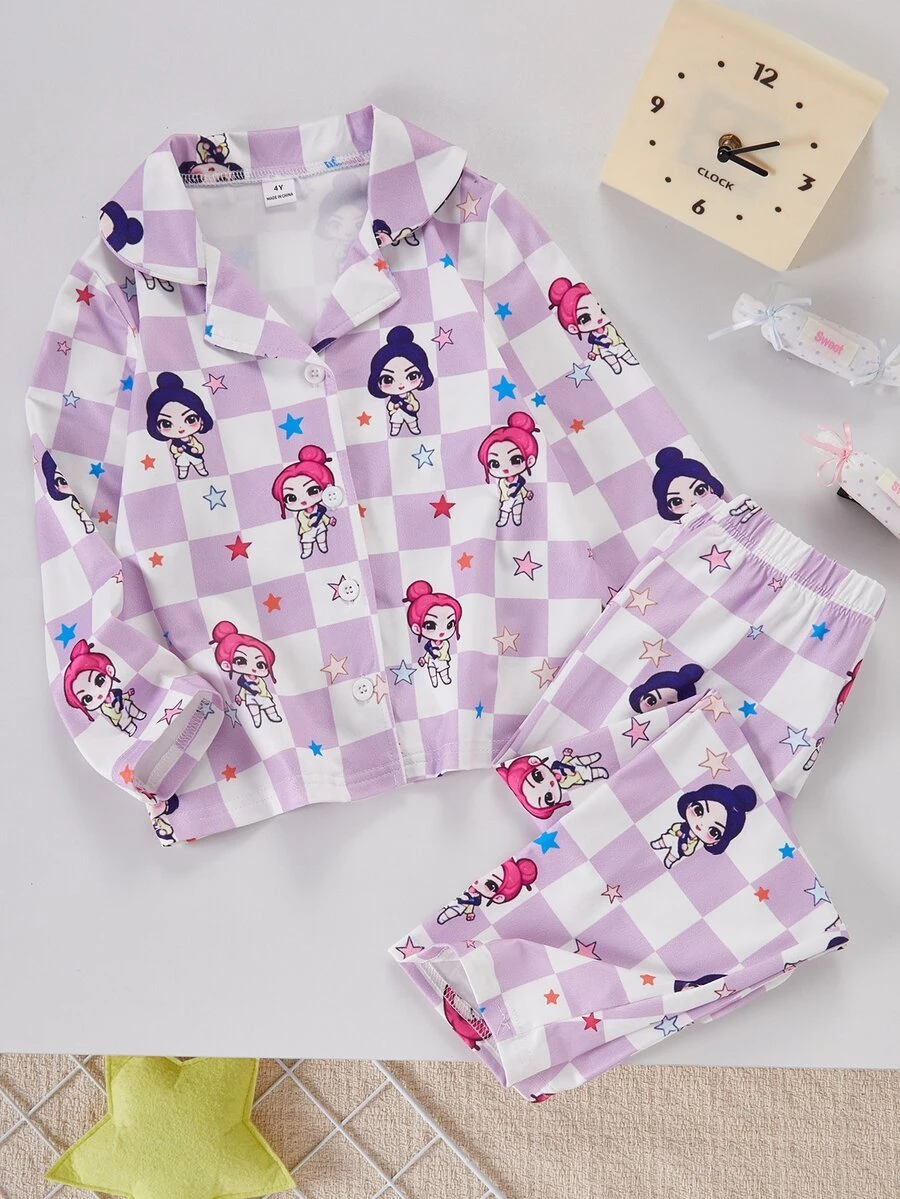 SHEIN 女童甜美可愛優雅休閒日常舒適粉色格紋娃娃卡通印花開襟長袖上衣與長褲2件套家居服 - 紫色 - 查看 1
