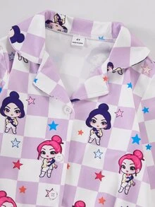 SHEIN 女童甜美可愛優雅休閒日常舒適粉色格紋娃娃卡通印花開襟長袖上衣與長褲2件套家居服 - 紫色 - 查看 7