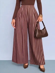 SOLERSUN Women's Brown Striped Wide Leg Pants High Waist Pleated Front With Pockets Elegant Commute Daily - Brown - View 1