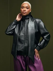 Vixey Áo khoác casual nữ da PU màu trơn khóa kéo trước - màu đen - Xem 1