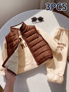 SHEIN 3件組男孩秋冬休閒圓領長袖套頭運動衫、長褲、厚抓絨背心，男孩秋冬套裝，外套套裝，運動套裝 - 彩色 - 查看 1