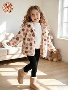 Elladie kids 女童 4-8歲甜美波點抓絨外套，舒適保暖羊羔絨全開襟外套，秋冬新款，適合日常、上學、生日、公園出遊 - 杏色 - 查看 4