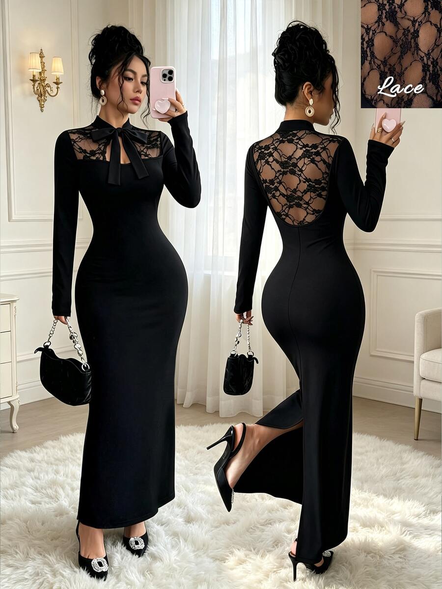 Elenzga Women's Bowknot Lace Long Sleeve Back Slit Dress - Black - View 1