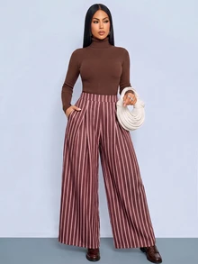 SOLERSUN Women's Brown Striped Wide Leg Pants High Waist Pleated Front With Pockets Elegant Commute Daily - Brown - View 5