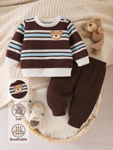 SHEIN Playful Pals 2件組幼兒男嬰運動衫慢跑褲套裝，可愛學院風，嬰兒藍白條紋熊貼布，華夫格針織長袖，戶外秋季假期舒適羅紋款 - 彩色 - 查看 1