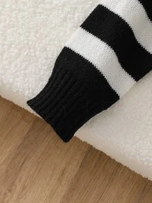 SHEIN 女童軟針織背心，標準版型 V 領休閒運動風可愛條紋套頭針織背心，適合秋季、日常上學、戶外、派對、聖誕節、感恩節、萬聖節 - 黑與白 - 查看 6