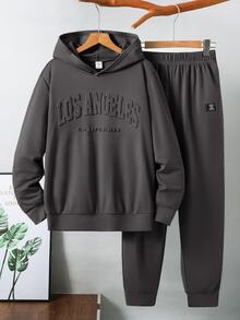 SHEIN 青少年男孩拼色寬鬆長袖連帽衫套裝，冬季，街頭風，畢業，返校 - 深灰色 - 查看 2