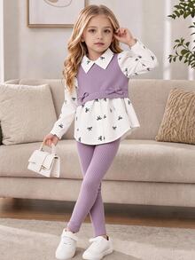 SHEIN 女童 4-7 歲學院風蝴蝶結印花泡泡袖拼接柔軟毛絨羅紋 2 合 1 上衣與彈性腰鬆緊褲 2 件套，秋季時尚休閒套裝，適合學校、戶外、運動及姐妹聚會穿著 - 紫色 - 查看 4