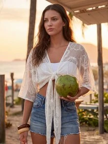 CAJUNI Women's Shell Pattern Hollow Out Casual Vacation Cover-Up Blouse Summer Resort - White - View 7