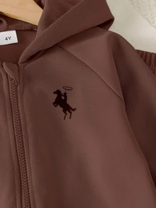 SHEIN ChillGRL Streecool 青少女 2 件套秋季服飾 常規厚度針織休閒百搭連帽拉鍊外套與寬鬆寬腿長褲套裝，馬術運動圖案印花，適合休閒運動 - 咖啡棕 - 查看 5