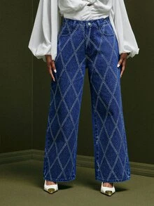Vixey Women's Street Style Rivet Button Pocket Fashion Denim Jeans, Event Dressing, Going Out Outfit, Holiday - Dark Wash - View 1