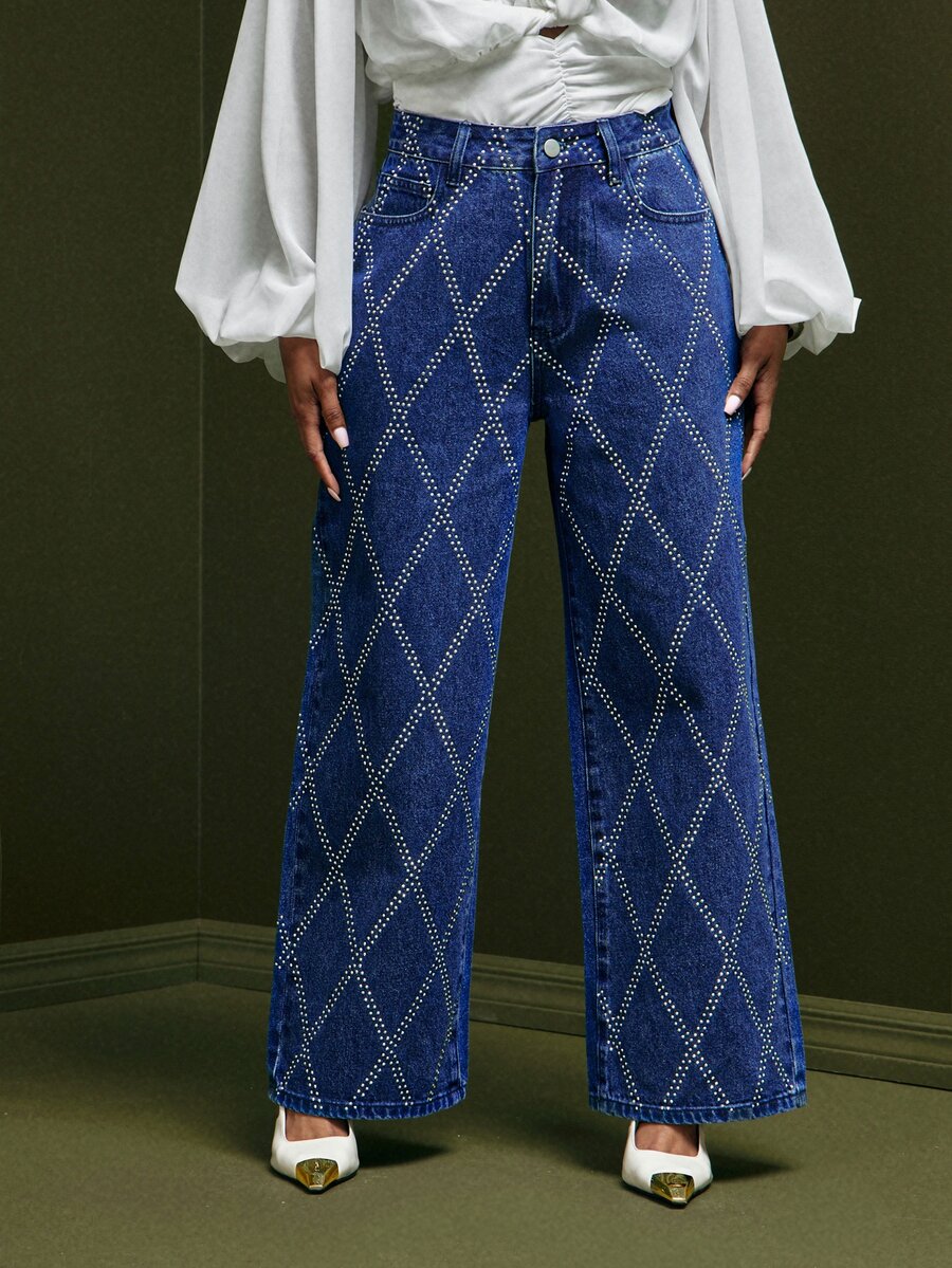 Vixey Women's Street Style Rivet Button Pocket Fashion Denim Jeans, Event Dressing, Going Out Outfit, Holiday - Dark Wash - View 1