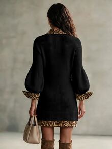 Balvessa Women's Ribbed Slim Fit V-Neck Leopard Print Patchwork Collar Lantern Long Sleeve Split Hem Sweater - Black - View 2