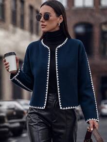 Selianne Women's New Fashion White Contrast Color Casual Jacket, Autumn/Winter New Style, Versatile - Navy Blue - View 1