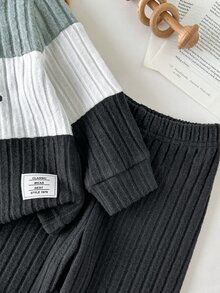 SHEIN 2件組男嬰幼兒可愛學院風鼠尾草綠白色黑色羅紋字母長袖圓領休閒運動衫褲套裝 生日秋季針織衫連帽衫慢跑褲 - 綠色 - 查看 5