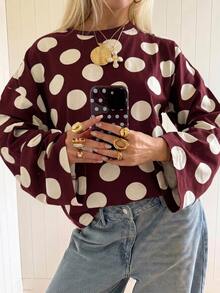 SHEIN EZwear 海外長袖草莓巧克力條紋上衣，秋季襯衫，適合日常通勤、派對、秋冬春夏、聖誕節、新年、感恩節、派對、婚禮、海灘、畢業典禮、優雅、外出、約會、通勤、情人節、優雅、度假、Y2K、畢業典禮等場合 - 彩色 - 查看 1