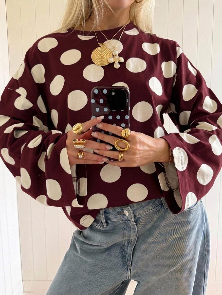 SHEIN EZwear 海外長袖草莓巧克力條紋上衣,秋季襯衫,適合日常通勤、派對、秋冬春夏、聖誕節、新年、感恩節、派對、婚禮、海灘、畢業典禮、優雅、外出、約會、通勤、情人節、優雅、度假、Y2K、畢業典禮等場合 - 彩色 - 查看 1