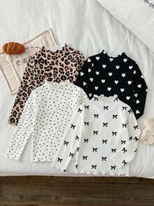 SHEIN Vintaside Kids 4件組少女針織花卉條紋印花荷葉領休閒長袖T恤上衣，適合秋冬穿著，返校休閒長袖素色基本修身款上衣 - 彩色 - 查看 5