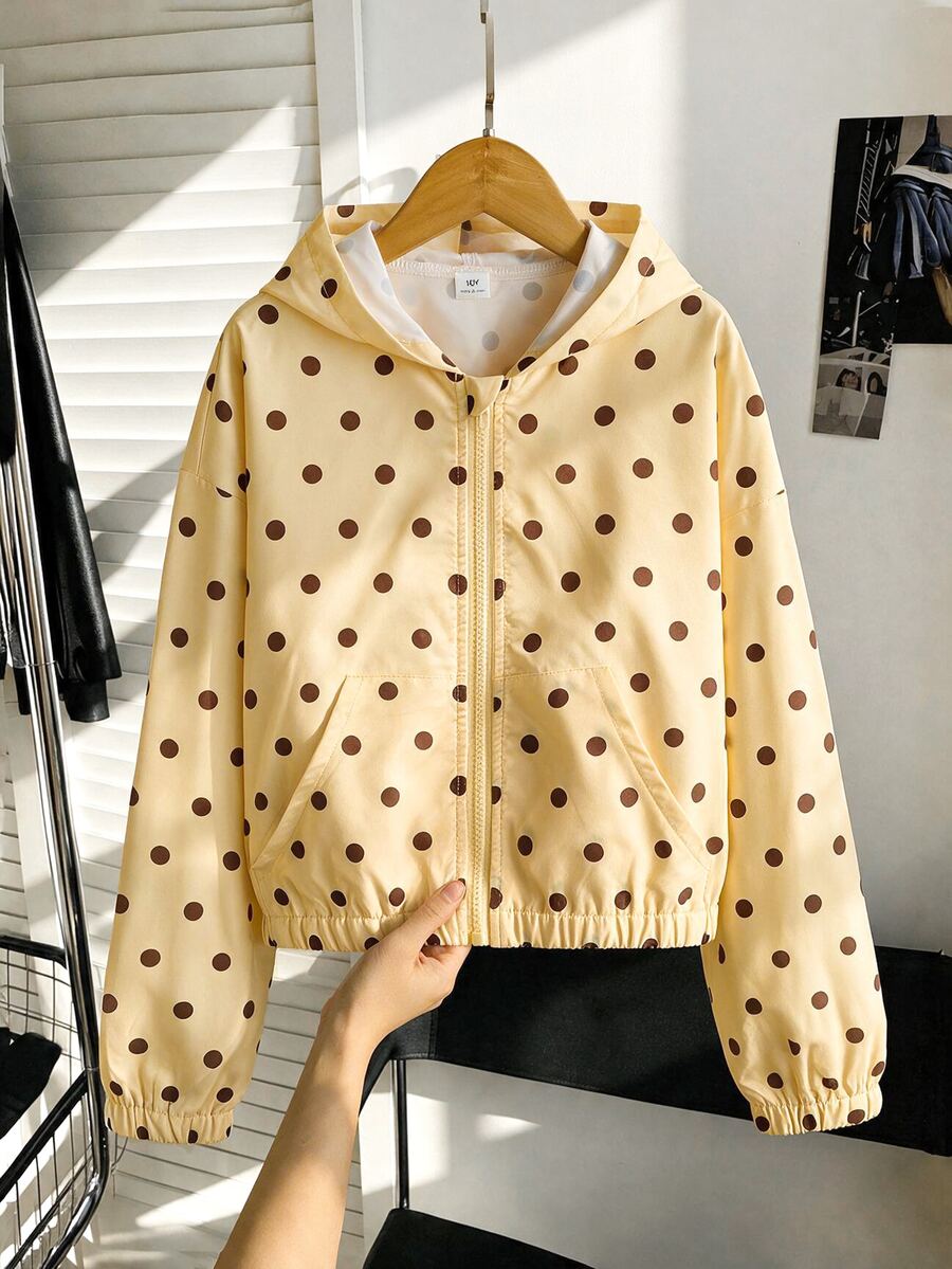 SHEIN Sparklyn 女童秋冬連帽夾克,黃色配棕色波點印花,復古時尚經典白色底黑配色,寬鬆舒適,連帽前開拉鍊,休閒青春百搭,適合秋冬日常上學通勤、週末出遊度假,校園休閒學院風,極簡復古氛圍 - 黃色 - 查看 1
