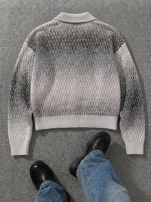 Manfinity EMRG 男士街頭風 90s 80s 配色拼接拉鍊開襟長袖針織開襟衫，萬聖節度假/假期秋季 Y2K 哥德風海灘粉色與黃色 - 灰色 - 查看 2