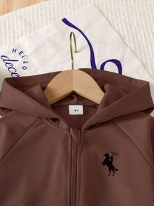 SHEIN ChillGRL Streecool 青少女 2 件套秋季服飾 常規厚度針織休閒百搭連帽拉鍊外套與寬鬆寬腿長褲套裝，馬術運動圖案印花，適合休閒運動 - 咖啡棕 - 查看 4