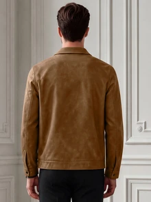 Core Aspect 男士復古搖滾風長袖防風休閒領 PU 皮革棕色夾克，秋冬款 - 咖啡棕 - 查看 2