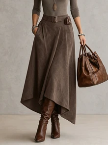 SHEIN Women's Solid Color Pleated Casual Versatile Daily Wear Skirt - Brown - View 6